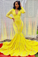 Bright Yellow Long Sleeves Mermaid Prom Dress UK-ballbellauk