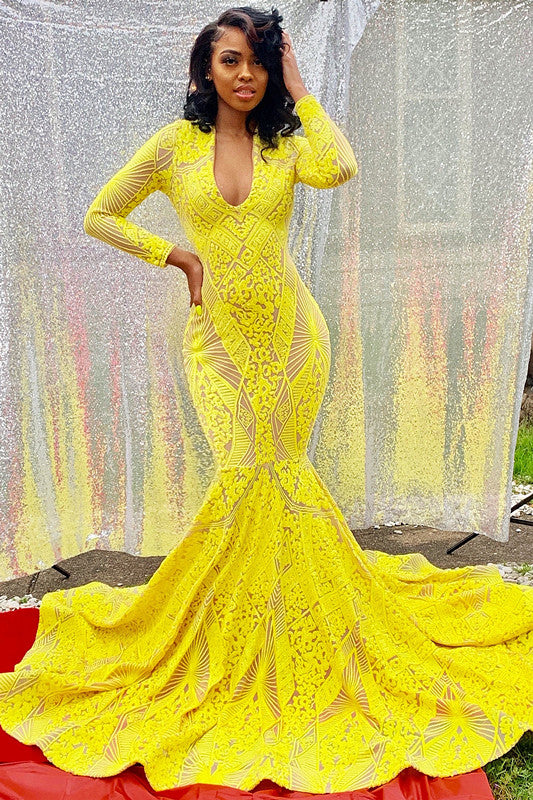 Bright Yellow Long Sleeves Mermaid Prom Dress UK-ballbellauk