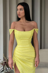 Bright Yellow Off-The-Shoulder Mermaid Prom Dress UK With Split-ballbellauk