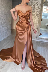 Brown Sweetheart Mermaid Prom Dress UK with Ruffles and Split Sleeveless-ballbellauk