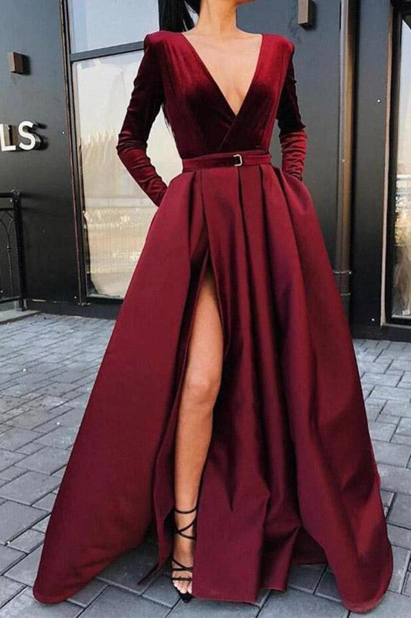 Burgundy Long Sleeves Prom Dress UK with Split-ballbellauk