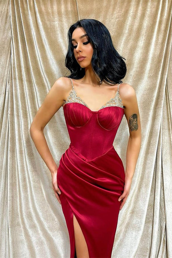 Burgundy Mermaid Evening Dress with Beadings and Spaghetti Straps Front Split-ballbellauk