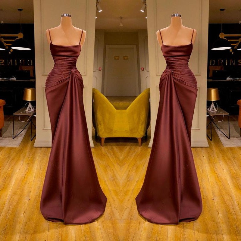 Burgundy Mermaid Ruffles Prom Dress Long Spaghetti-Straps-ballbellauk