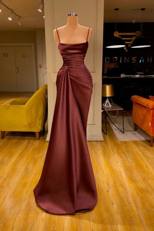 Burgundy Mermaid Ruffles Prom Dress Long Spaghetti-Straps-ballbellauk