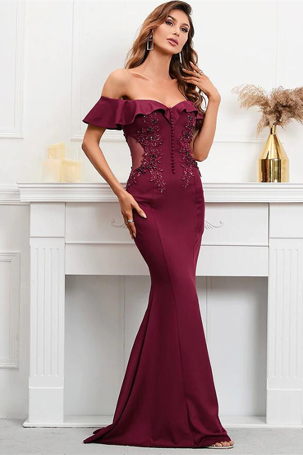 Burgundy Off-The-Shoulder Mermaid Appliques Evening Dress-ballbellauk