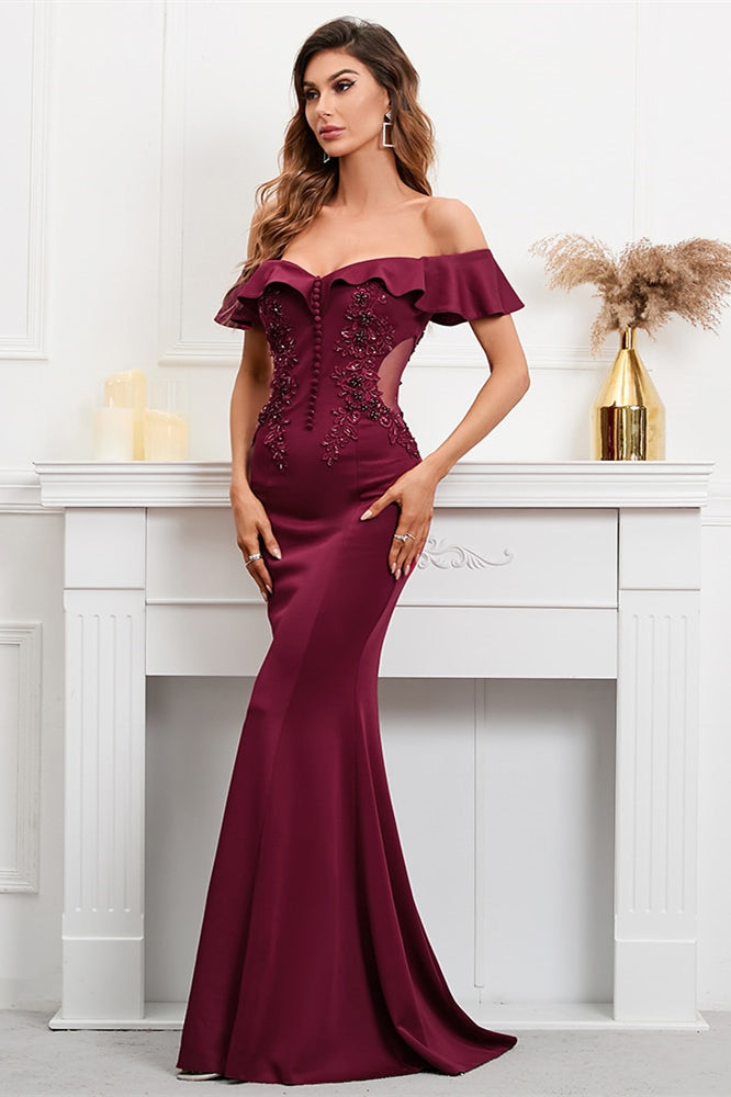 Burgundy Off-The-Shoulder Mermaid Appliques Evening Dress-ballbellauk