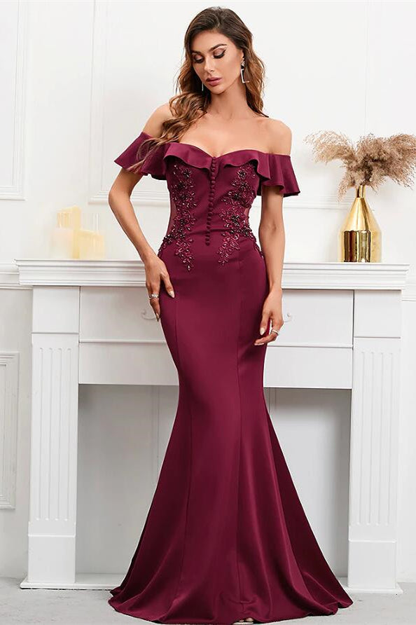 Burgundy Off-The-Shoulder Mermaid Appliques Evening Dress-ballbellauk