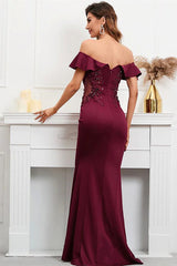 Burgundy Off-The-Shoulder Mermaid Appliques Evening Dress-ballbellauk