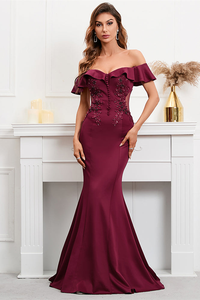 Burgundy Off-The-Shoulder Mermaid Appliques Evening Dress-ballbellauk