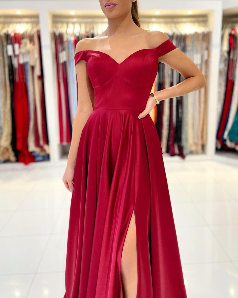 Burgundy Off-the-Shoulder Prom Dress UK with Slit-ballbellauk