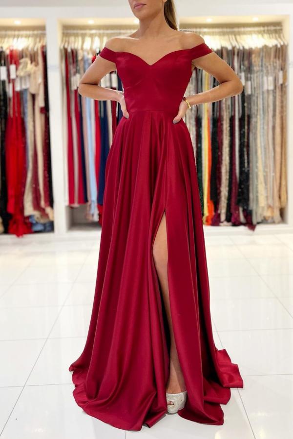 Burgundy Off-the-Shoulder Prom Dress UK with Slit-ballbellauk