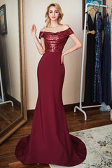 Burgundy Off-the-Shoulder Sequins Prom Dress UK Mermaid-ballbellauk