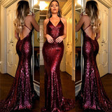 Burgundy Sequins Backless Evening Dress-ballbellauk