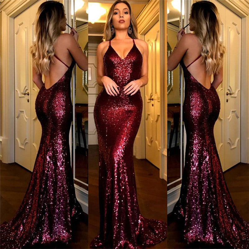 Burgundy Sequins Backless Evening Dress-ballbellauk