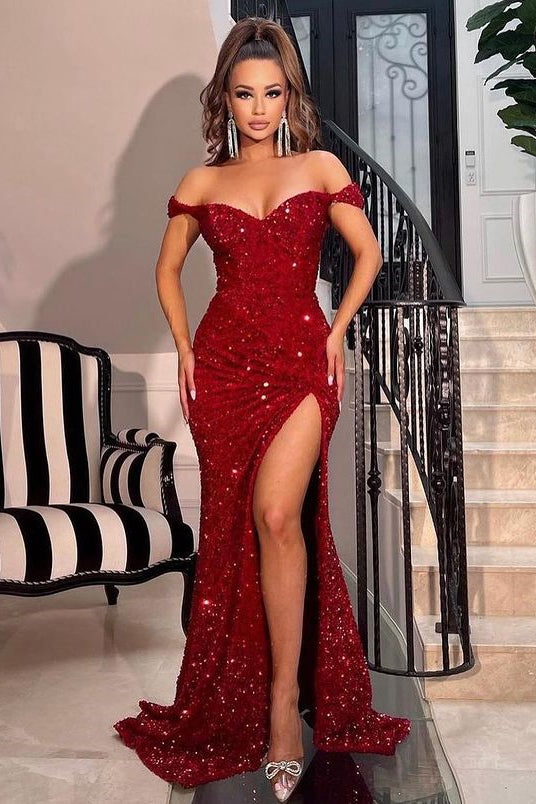 Burgundy Sequins Prom Dress Mermaid Long Slit Off-the-Shoulder-ballbellauk