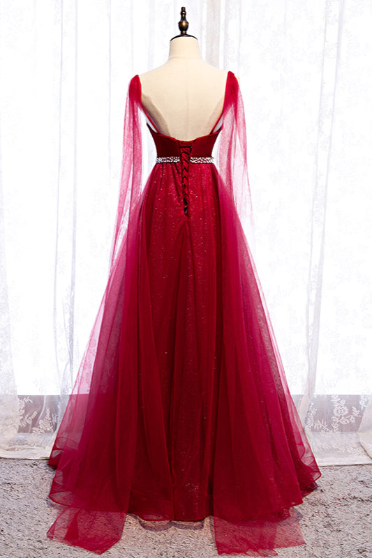 Burgundy Sleeveless Prom Dress UK with Tulle Ruffles & Beadings-ballbellauk