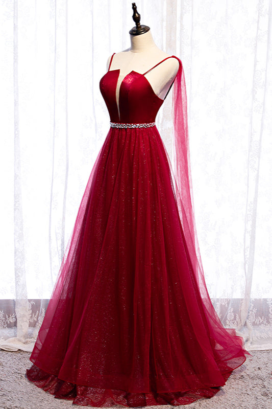 Burgundy Sleeveless Prom Dress UK with Tulle Ruffles & Beadings-ballbellauk