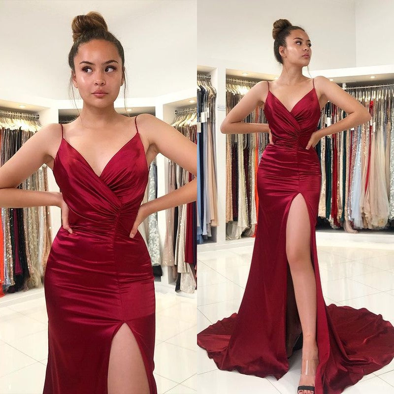 Burgundy Spaghetti-Strap Front Split Prom Dress UK-ballbellauk