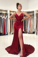 Burgundy Spaghetti-Strap Front Split Prom Dress UK-ballbellauk