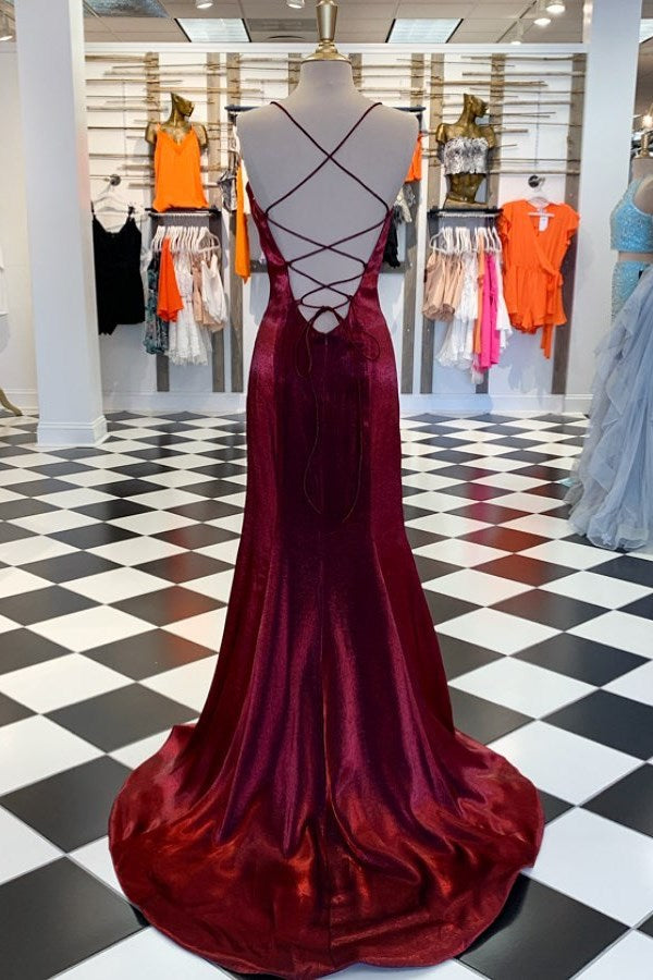 Burgundy Strapless Mermaid Evening Dress with Simple Split-ballbellauk