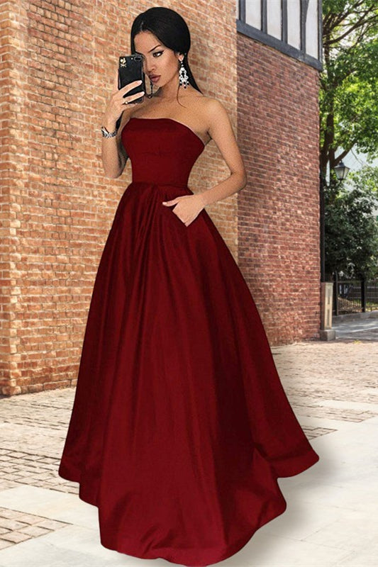 Burgundy Strapless Prom Dress UK With Pockets-ballbellauk