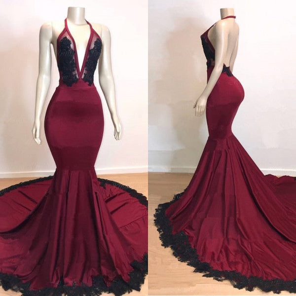 Burgundy V-Neck Halter Mermaid Evening Dress with Applique-ballbellauk