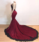 Burgundy V-Neck Halter Mermaid Evening Dress with Applique-ballbellauk