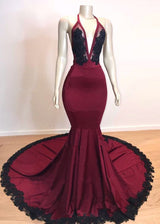 Burgundy V-Neck Halter Mermaid Evening Dress with Applique-ballbellauk