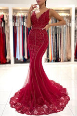 Burgundy V-Neck Sleeveless Mermaid Evening Dress Lace Appliques With Beadings-ballbellauk