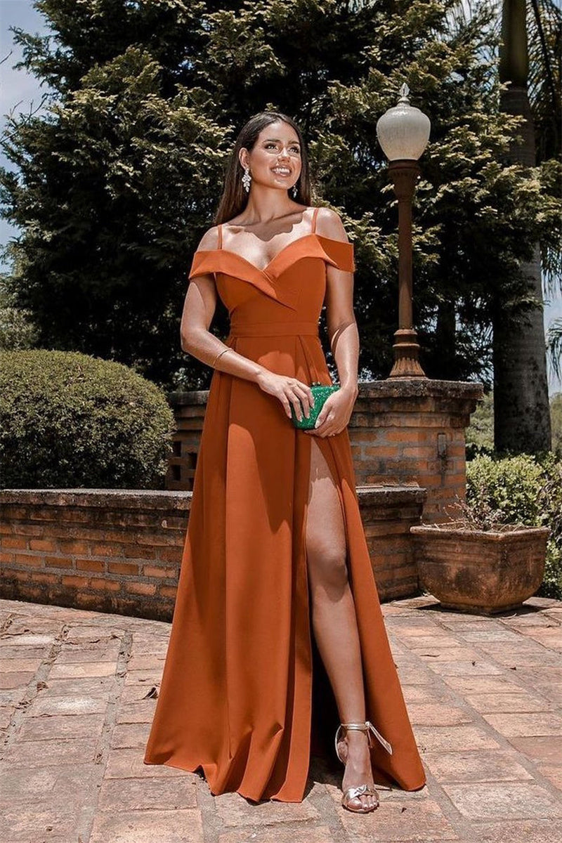 Burnt Orange Evening Dress with Sweetheart Split and Spaghetti-Straps-ballbellauk