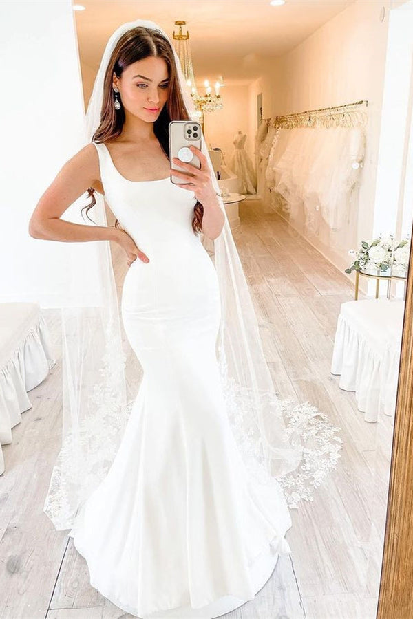 Charmeuse Sleeveless Mermaid Wedding Dress UK for Square Shape-ballbellauk