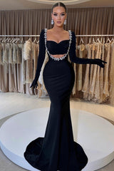 Charming Black Long Sleeve Mermaid Prom Dress UK with Beads & Gloves-ballbellauk