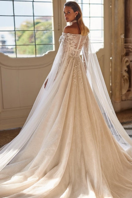 Charming Chic Off-the-Shoulder Long Sleevess Long Lace Bridal Gowns On Sale Beadings-ballbellauk