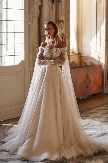 Charming Chic Off-the-Shoulder Long Sleevess Long Lace Bridal Gowns On Sale Beadings-ballbellauk