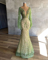 Charming Green Mermaid Beaded Prom Dress UK with Long Sleeves and Sequins-ballbellauk