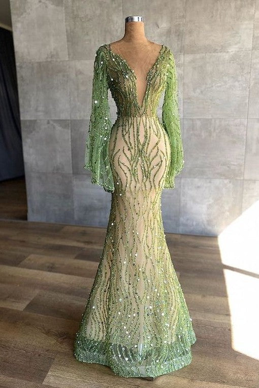 Charming Green Mermaid Beaded Prom Dress UK with Long Sleeves and Sequins-ballbellauk