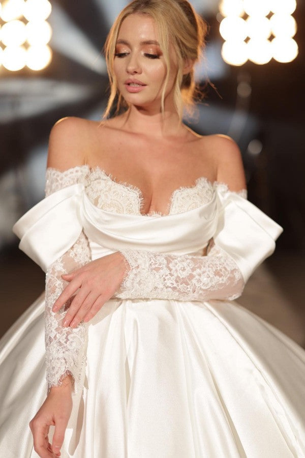 Charming Long Long Off-the-Shoulder Princess Lace Bridal Gowns On Sale With Long Sleevess-ballbellauk