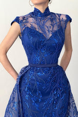 Charming Long Royal Blue High Neck Lace Sleeveless Prom Dress With Detachable Train-ballbellauk