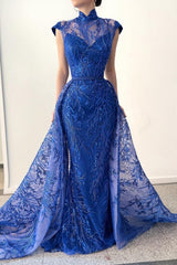 Charming Long Royal Blue High Neck Lace Sleeveless Prom Dress With Detachable Train-ballbellauk