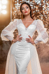 Charming Long V-Neck Glitter Bridal Gowns On Sale With Long Sleevess-ballbellauk