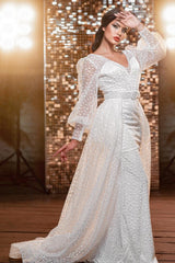 Charming Long V-Neck Glitter Bridal Gowns On Sale With Long Sleevess-ballbellauk