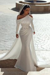 Charming One Shoulder Long Sleevess Mermaid Bridal Gowns On Sale With Ruffles-ballbellauk