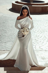 Charming One Shoulder Long Sleevess Mermaid Bridal Gowns On Sale With Ruffles-ballbellauk