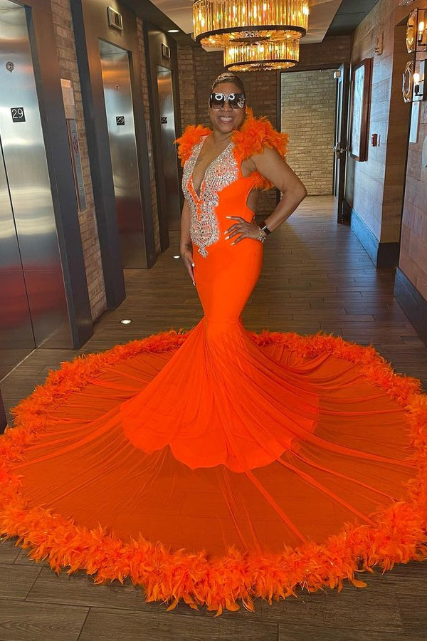 Charming Orange Prom Dress UK with Beads, Appliques, and Feathers-ballbellauk