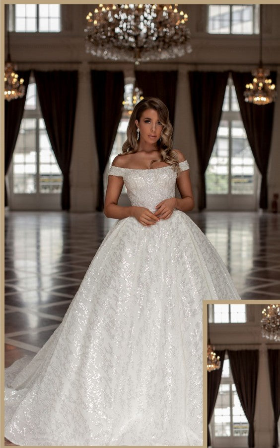 Charming Princess Long White Off-the-Shoulder Glitter Long Bridal Gowns On Sale-ballbellauk