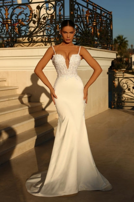 Charming Spaghetti-Straps Sleeveless Mermaid Bridal Gowns On Sale With Lace-ballbellauk