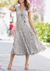 Charming V-Neck Short Sleeves Long Lace Mother of the Bride Dress-ballbellauk