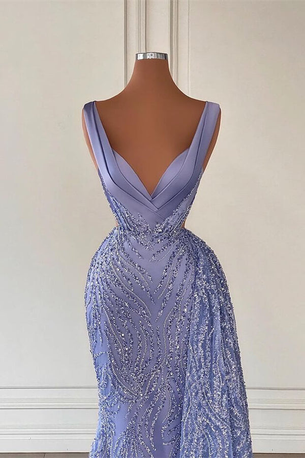 Charming Violet V Neck Mermaid Prom Dress UK With Beadings & Sequins-ballbellauk