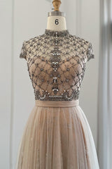 Chic A-Line Prom Dress UK with Champagne Jewel Neck and Tulle Diamond-Studded Detail-ballbellauk