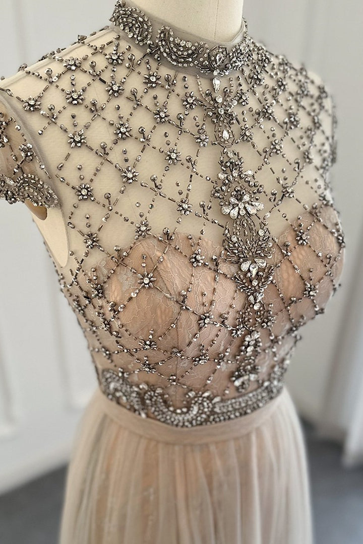 Chic A-Line Prom Dress UK with Champagne Jewel Neck and Tulle Diamond-Studded Detail-ballbellauk